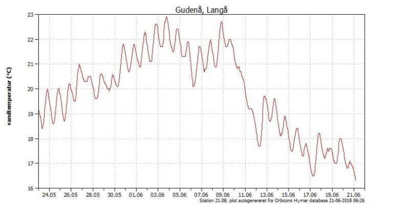 Vandtemperaturen i Gudenåen er endelig på vej ned